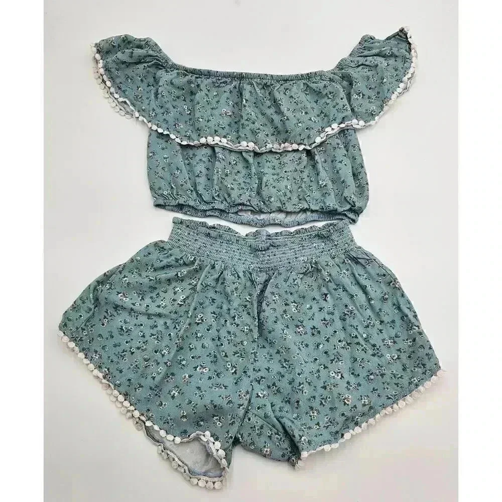 Joyfolie Mia Joy Girl's Size 10 Blue Floral Ruffled Top and Shorts